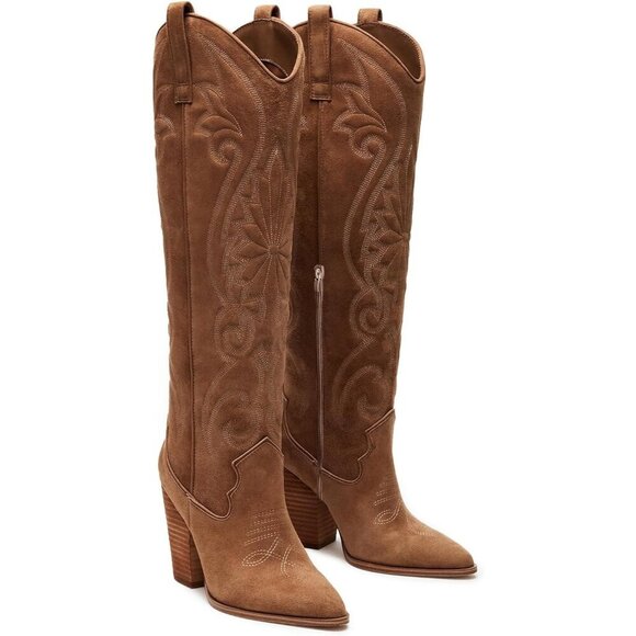 🆕Women Brown Knee High Pointed Toe Chunky High Heels Pull-on Embroidered Boots - Picture 4 of 9